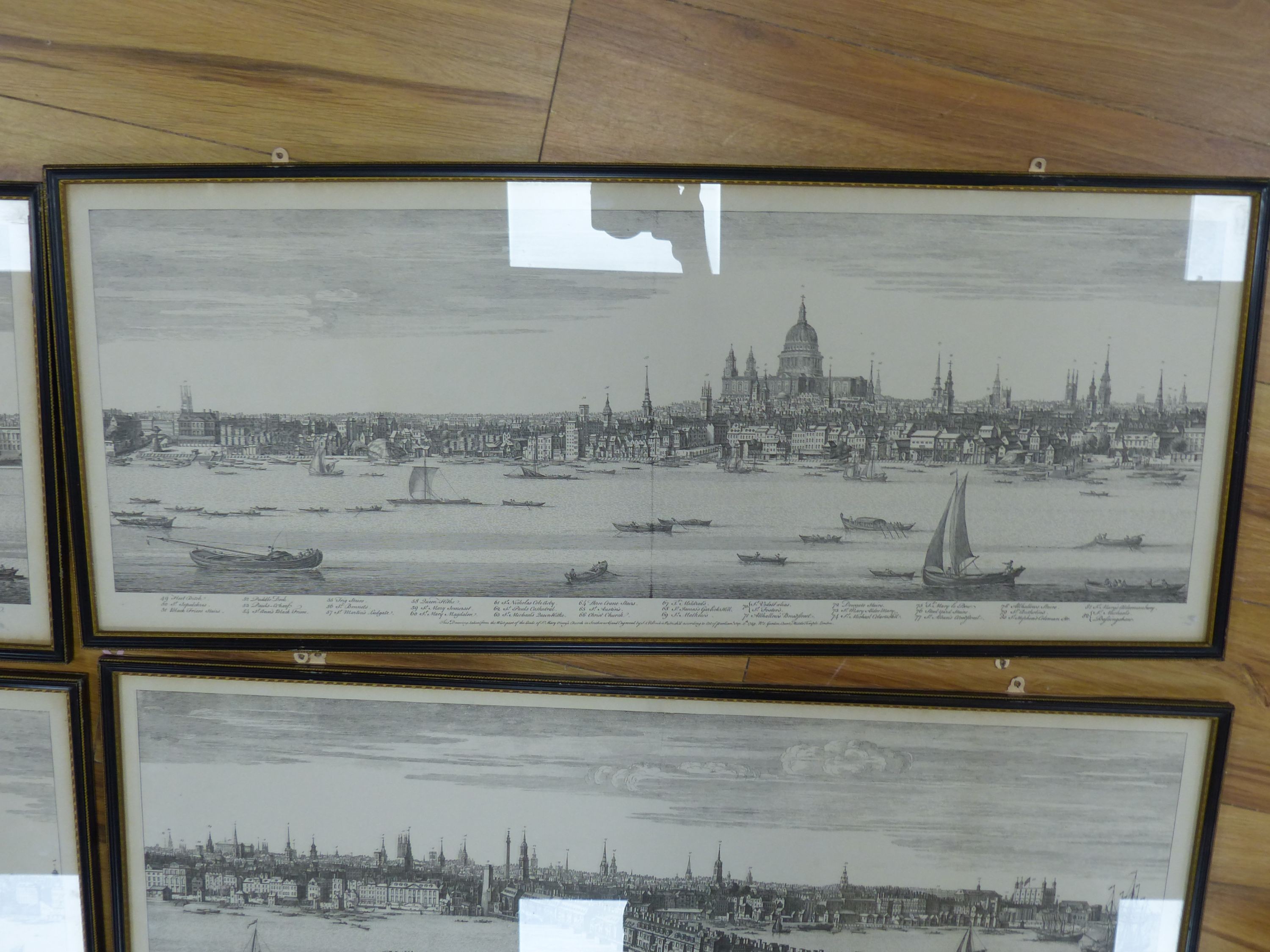 After S and N Buck, set of five reprints, Views along the River Thames in 1749, 32 x 82cm